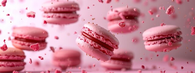 Wall Mural -  A pink backdrop is filled with flying macaroons, all pink and adorned with sprinkles