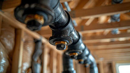 Wall Mural - Close-up of black pipes in a wooden framework.