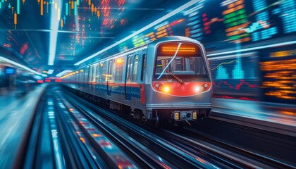 A subway train in a rush with stock market graphics overlay, symbolizing constant movement and economic dynamics