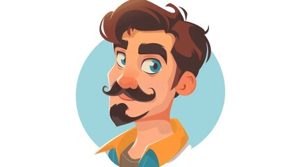 Sticker - 2d icon depicting a charming man with a stylish mustache in a fun cartoon style user profile picture