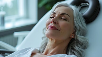 Wall Mural - Photo of beautiful senior woman with grey hair in modern clinic as patient