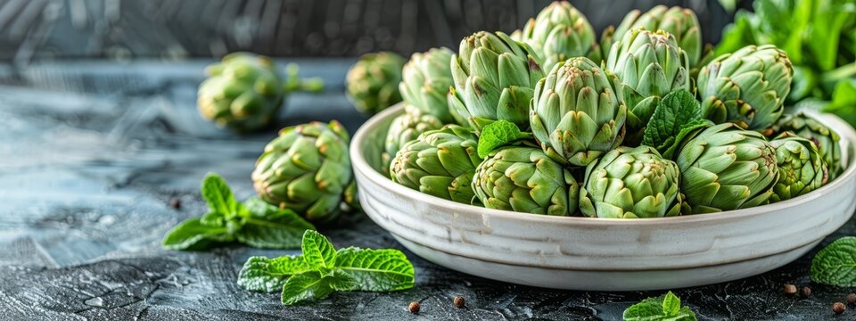  A white bowl holds green artichokes, placed on a table beside mint leaves