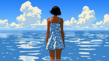 A woman in a blue dress standing in the ocean against a cloudy sky.