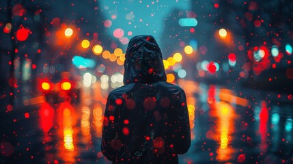 A hooded figure standing in a cityscape enveloped in rain and colorful bokeh lights