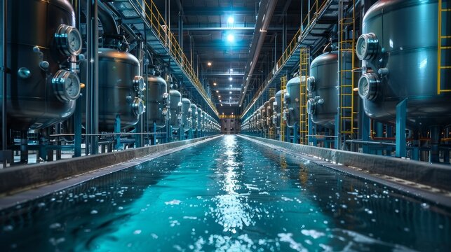 A futuristic desalination plant converting seawater into fresh water, technicians monitoring the process 