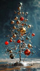 Wall Mural - Christmas tree made of metal wire with a bright ornament on a dark blue background.