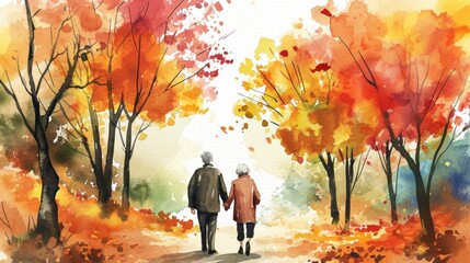a painting of two people walking down a pathway in a forest. they are holding hands and there are br