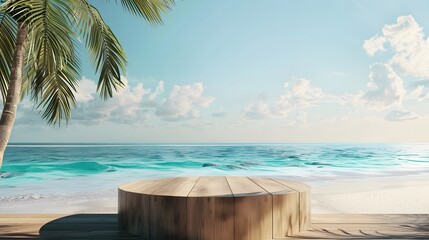 Wall Mural - A summer product display on a wooden podium set against a tropical beach backdrop with sandy shores, Palm trees, and turquoise sea, creating a vacation concept