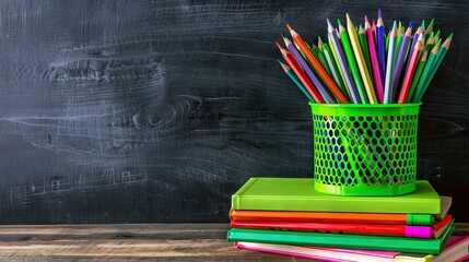 Wall Mural - Colorful school stationery on table on blackboard background. AI generated illustration