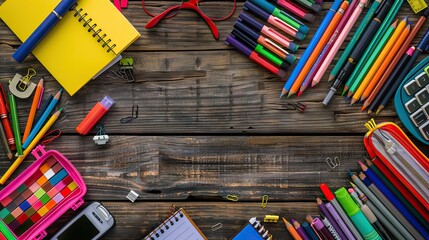 Wall Mural - School supplies on a wooden table with space for text, top view. AI generated illustration