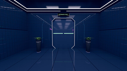 Wall Mural - futuristic blue walled cyberpunk entrbace doorway. 3d rendered illustration.