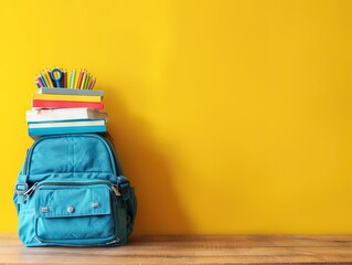 Wall Mural - Backpack with school stationery on wooden table against color background, space for text. AI generated illustration