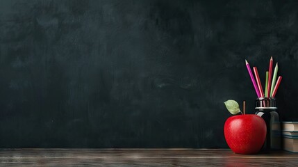 Wall Mural - education and back to school concept. pencils stand as bus over wooden desk infront of classroom blackboard. AI generated illustration