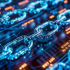 Digital block Chain Link With Binary Code. Close Up