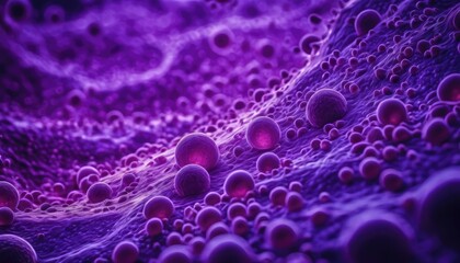 Close-up view of cells under a microscope, showcasing their detailed and complex forms in striking purple hues