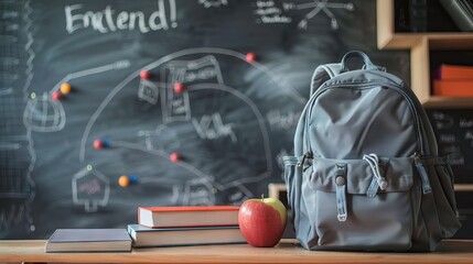 Wall Mural - concept of education, stationery on the school table. Back to school, with school supplies, an apple, old books and a backpack on a wooden table above the blackboard. AI generated illustration