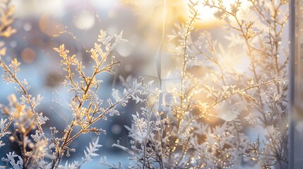 Wall Mural - A winter scene featuring a transparent natural frost pattern on a window, creating a beautiful and intricate texture overlay