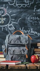 Wall Mural - Education and sciences concept - book and microscope on the desk in the auditorium, photosynthesis formulas on the background. AI generated illustration