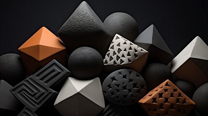 Abstract 3D shapes with different patterns and textures on a black background.