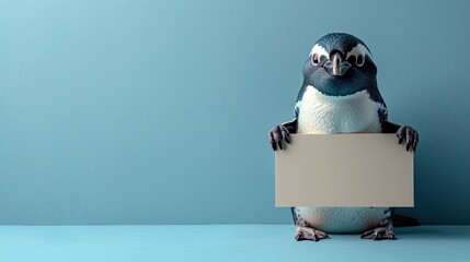 penguin holding blank sign on blue background