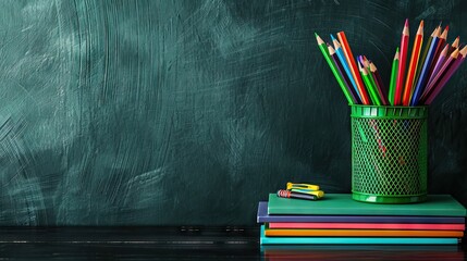 Wall Mural - Colorful school stationery on table on blackboard background. AI generated illustration