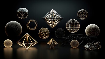 Wall Mural - 3D rendering of a variety of geometric shapes in gold and black.