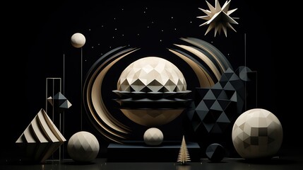 Wall Mural - 3D rendering of a geometric composition with a large sphere in the center and various other shapes and objects arranged around it.