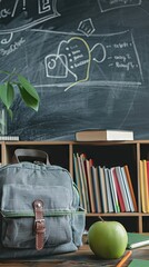 Wall Mural - Education and sciences concept - book and microscope on the desk in the auditorium, photosynthesis formulas on the background. AI generated illustration