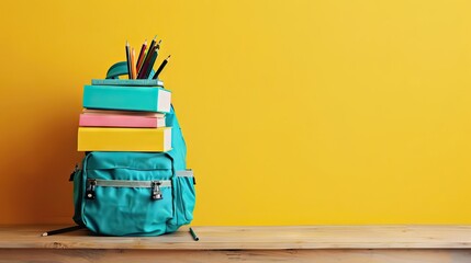 Wall Mural - Backpack with school stationery on wooden table against yellow background, space for text. AI generated illustration