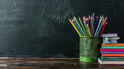 Wall Mural - Colorful school stationery on table on blackboard background. AI generated illustration