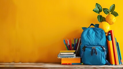 Wall Mural - Backpack with school stationery on wooden table against yellow background, space for text. AI generated illustration