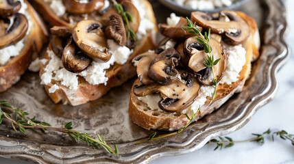 Wall Mural - Exquisite Mushroom and Goat Cheese Crostini Displayed on Pewter Plate with Side of Mushrooms - Gastronomic Delight Concept