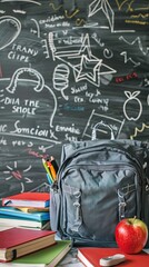 Wall Mural - Education and sciences concept - book and microscope on the desk in the auditorium, photosynthesis formulas on the background. AI generated illustration