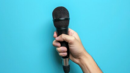 Wall Mural - closeup of a hand holding a microphone isolated on a vivid blue background music concept photo