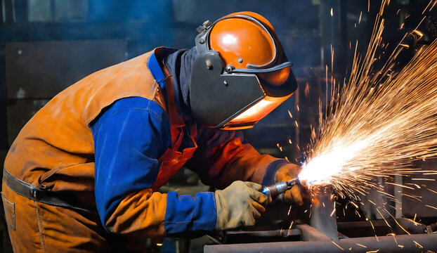 Worker at the factory welding. Industrial manufacturing.