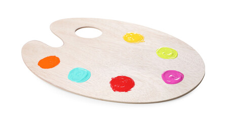 Poster - Wooden artist's palette with samples of paints isolated on white