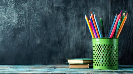 Wall Mural - Colorful school stationery on table on blackboard background. AI generated illustration