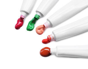 Poster - Tubes with colorful paints isolated on white, top view