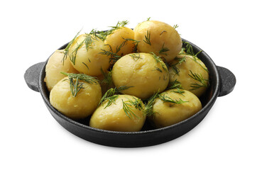 Wall Mural - Tasty young boiled potatoes with dill in bowl isolated on white