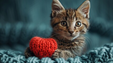 A cute kitty with a paper heart in its paws on a blue background with a copy of the space