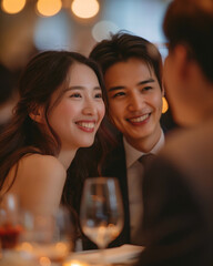 An Asian couple threating themselves in a French style restaurant 