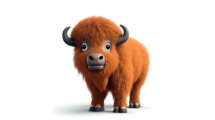 Cute cartoon yak. 3D rendering of a fluffy brown yak with big eyes and a friendly smile. Isolated on white background.