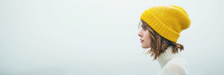 Wall Mural - Stylish Woman in Yellow Beret Against White Backdrop Generative AI