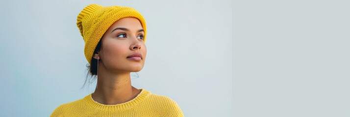 Wall Mural - Stylish Woman in Yellow Beret Against White Backdrop Generative AI