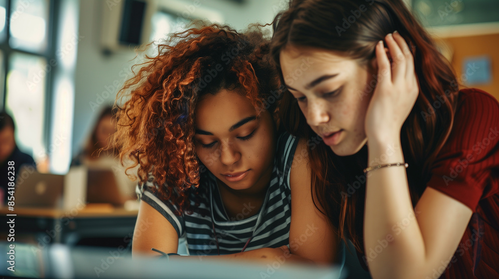Teenage girl showing friendship and support by consoling her sad ...