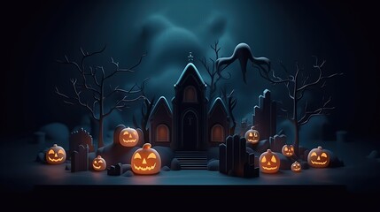 Wall Mural - This is a 3D illustration of a haunted church. The church is dark and gloomy, and there is a ghost flying in the air.