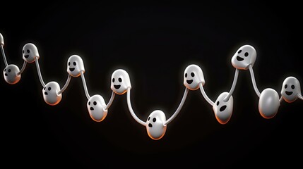 Wall Mural - 3D rendering of a group of cute ghosts holding hands and floating in the air against a black background.