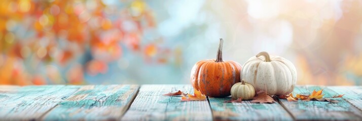 Wall Mural - Cozy Autumn Table Setting with Pumpkins and Ample Copy Space Generative AI