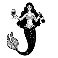 mermaid with glass and bottle of wine line art sketch engraving PNG illustration. T-shirt apparel print design. Scratch board imitation. Black and white hand drawn image.