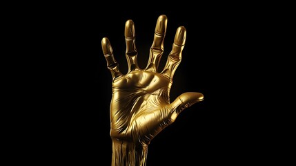 3D rendering of a gold hand reaching out from the darkness. The hand is detailed and realistic, with veins and wrinkles visible.